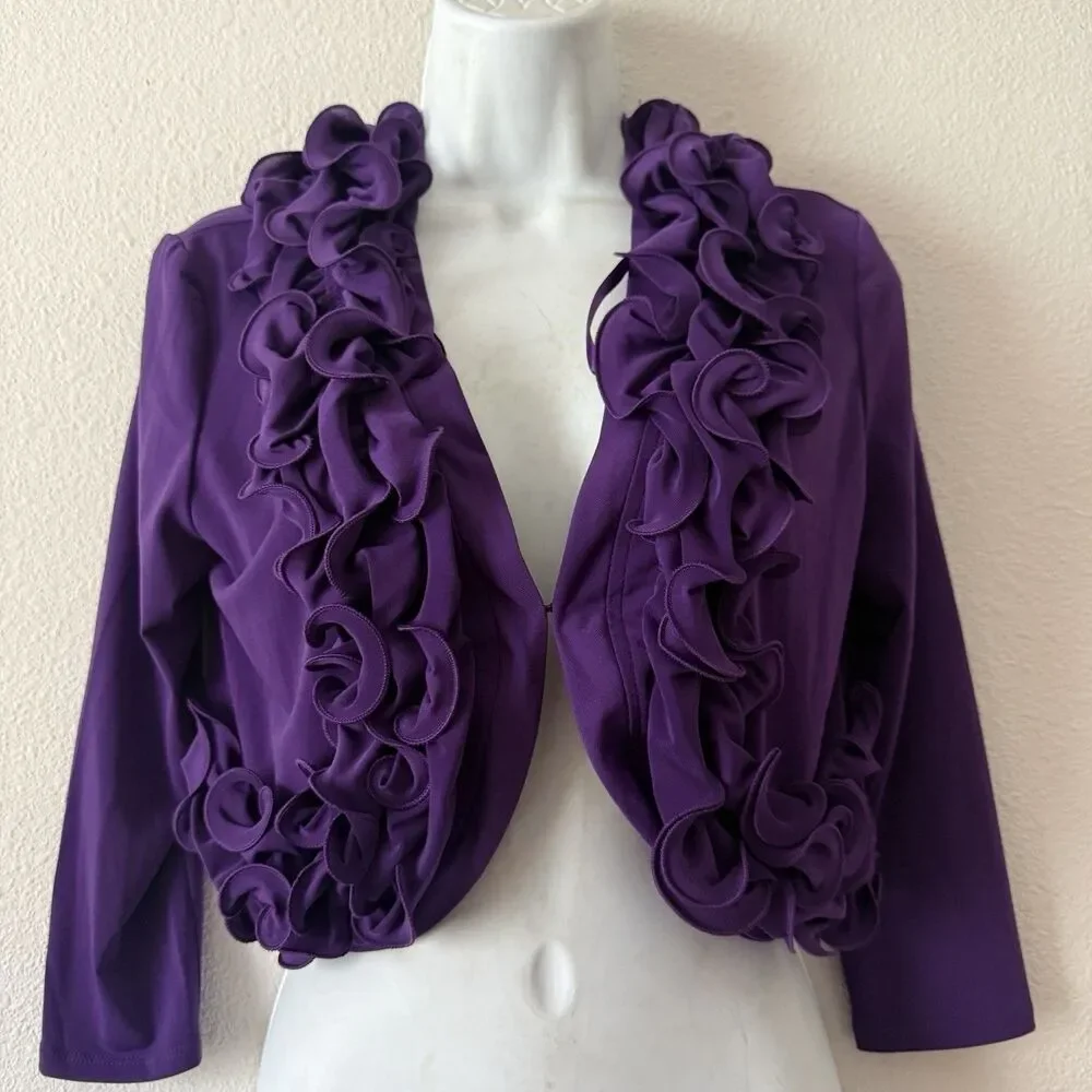 Glamour Purple Ruffle Trim Bolero Shrug Cropped Cardigan Jacket 3/4 Sleeve Sz S
